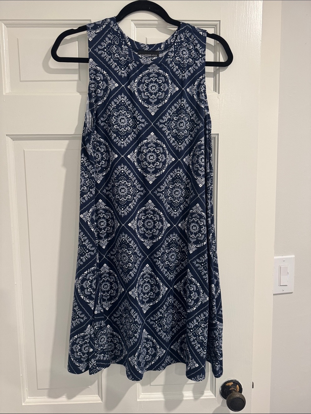 Navy Blue Printed Sleeveless Mini Dress